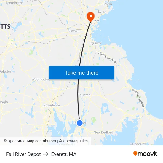 Fall River Depot to Everett, MA map