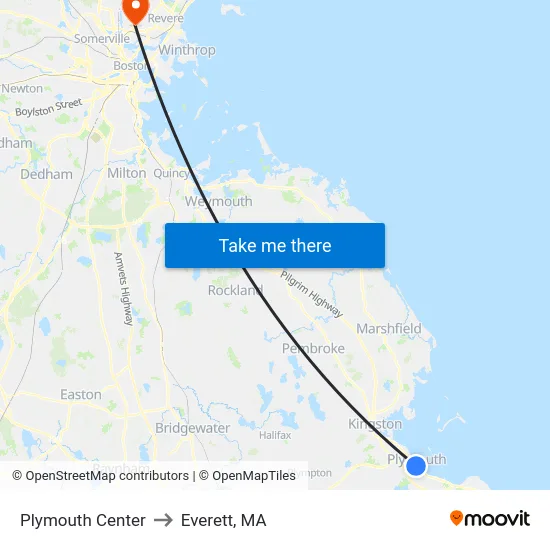 Plymouth Center to Everett, MA map