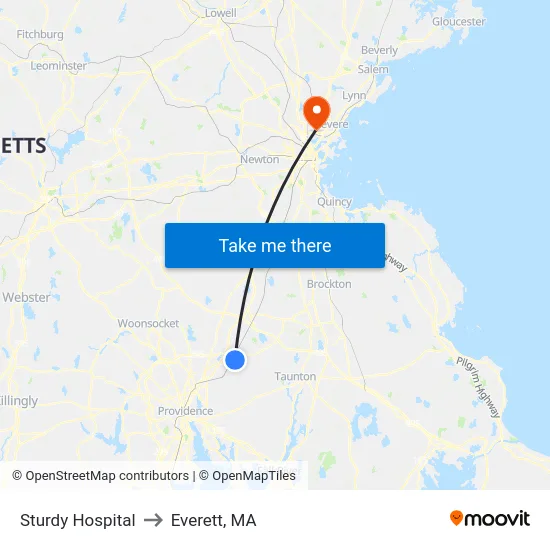 Sturdy Hospital to Everett, MA map