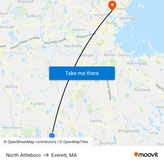 North Attleboro to Everett, MA map