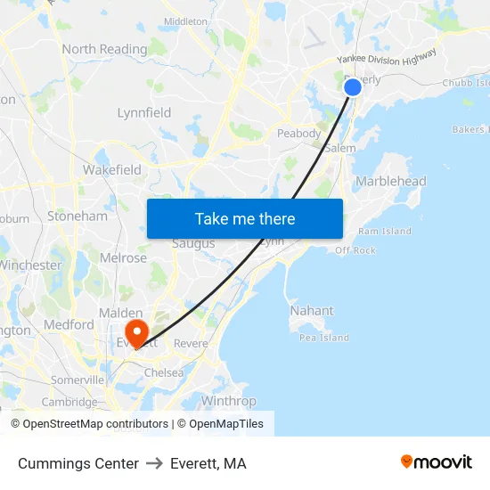 Cummings Center to Everett, MA map