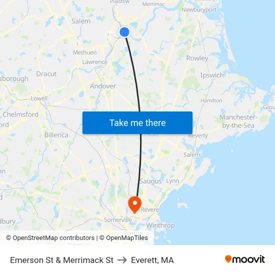 Emerson St & Merrimack St to Everett, MA map