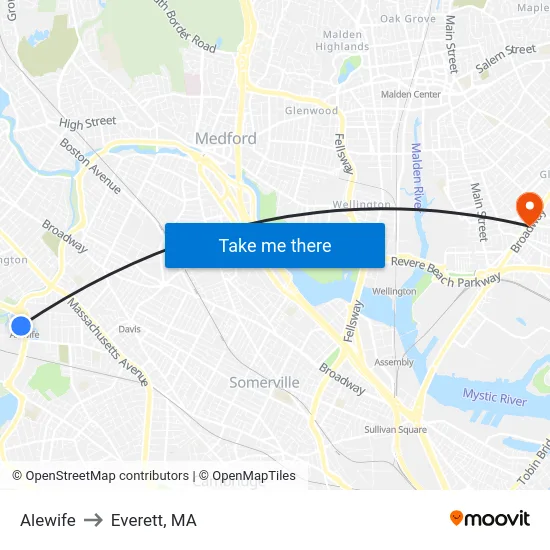 Alewife to Everett, MA map