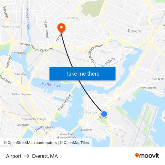 Airport to Everett, MA map