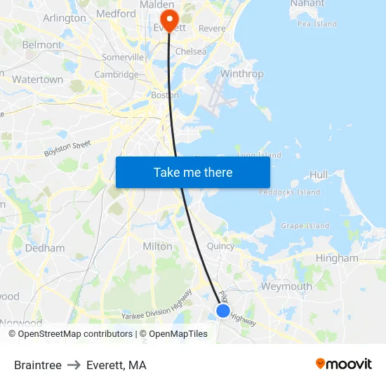 Braintree to Everett, MA map