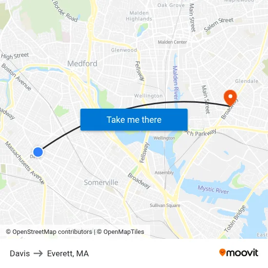Davis to Everett, MA map