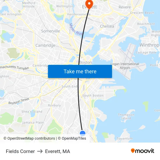 Fields Corner to Everett, MA map
