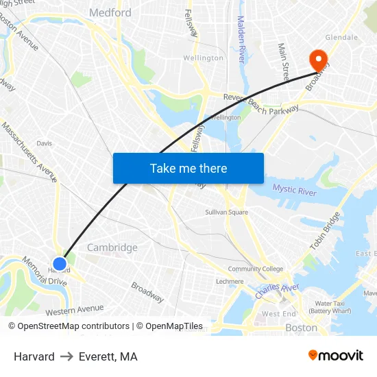 Harvard to Everett, MA map