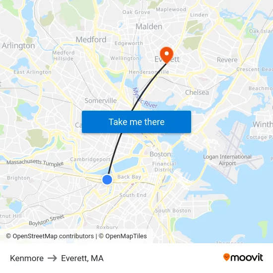 Kenmore to Everett, MA map