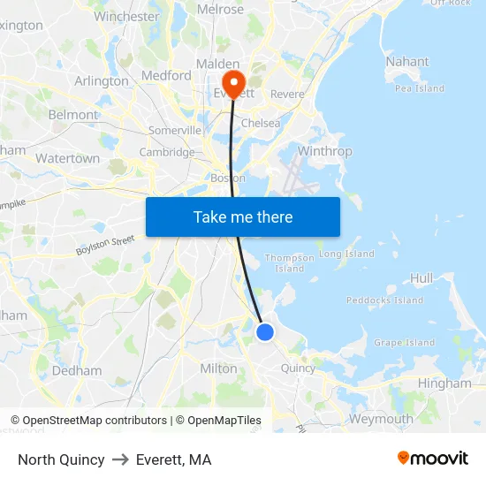 North Quincy to Everett, MA map
