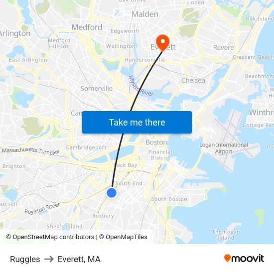 Ruggles to Everett, MA map