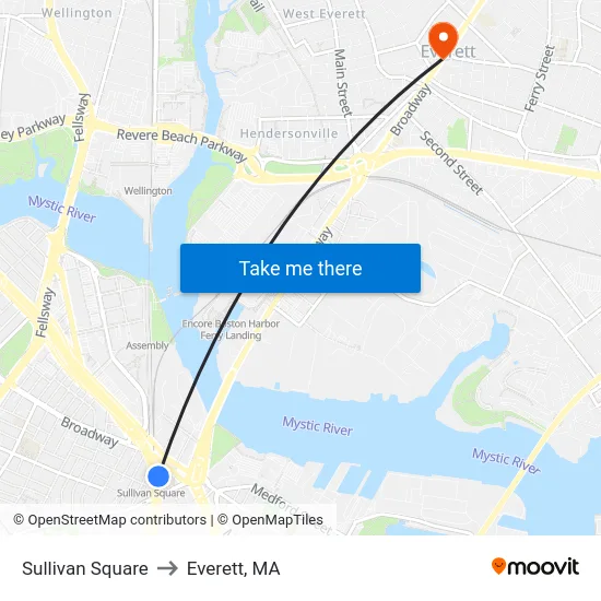 Sullivan Square to Everett, MA map