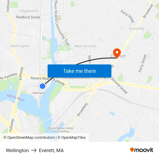 Wellington to Everett, MA map