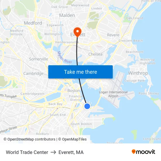 World Trade Center to Everett, MA map