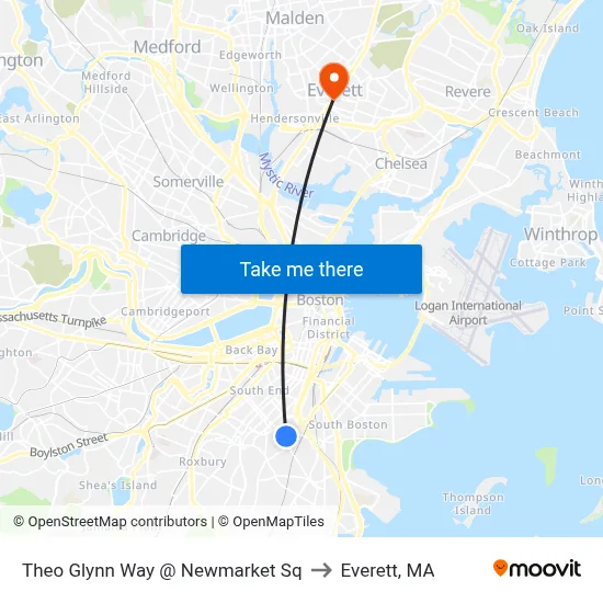 Theo Glynn Way @ Newmarket Sq to Everett, MA map
