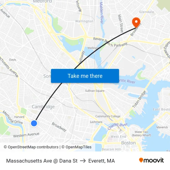 Massachusetts Ave @ Dana St to Everett, MA map