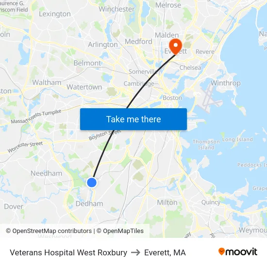 Veterans Hospital West Roxbury to Everett, MA map