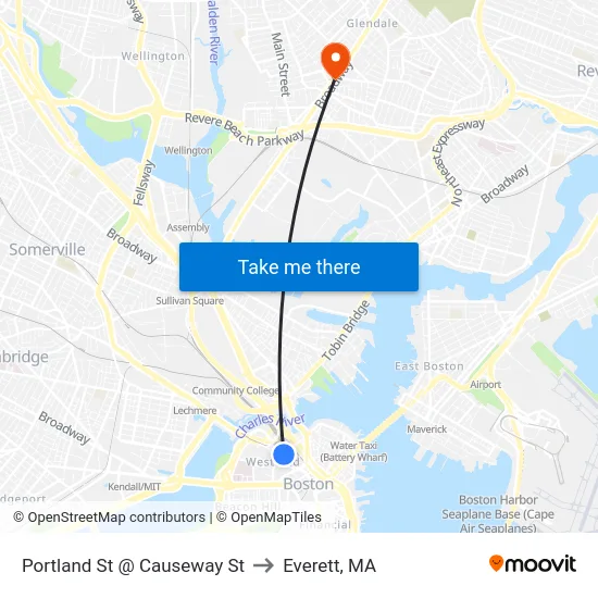 Portland St @ Causeway St to Everett, MA map