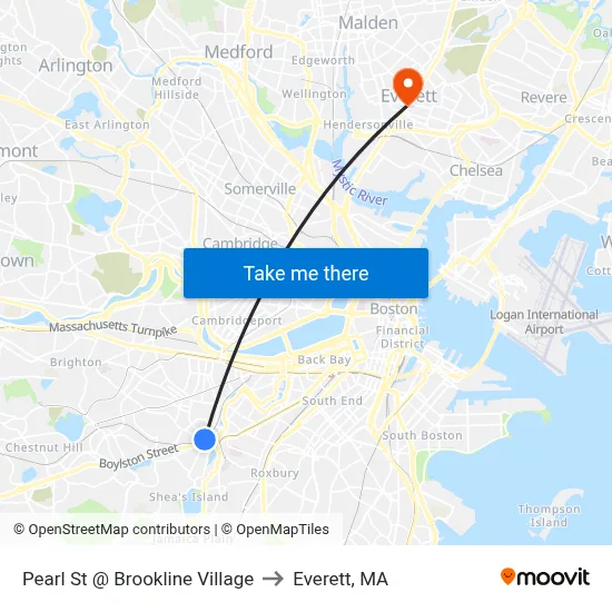 Pearl St @ Brookline Village to Everett, MA map