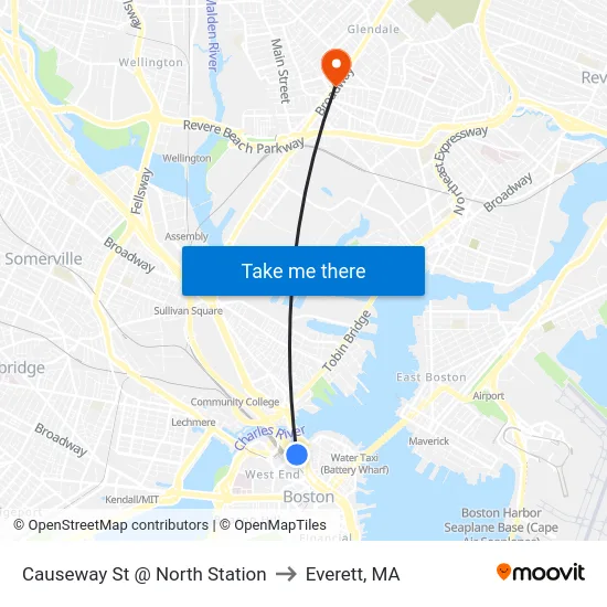Causeway St @ North Station to Everett, MA map