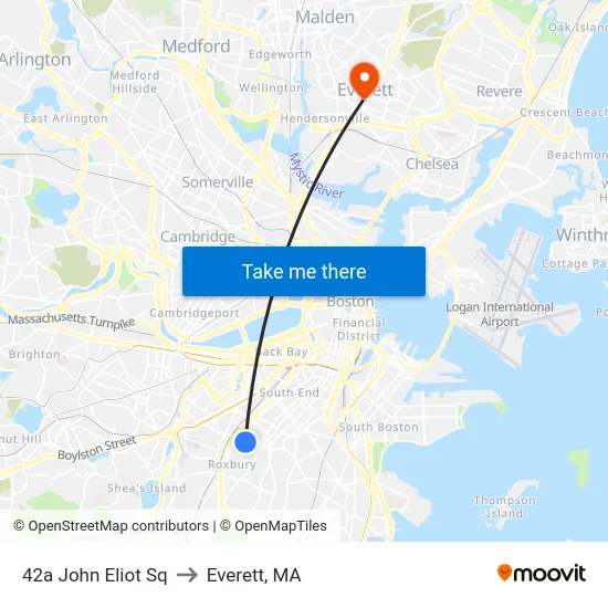 42a John Eliot Sq to Everett, MA map