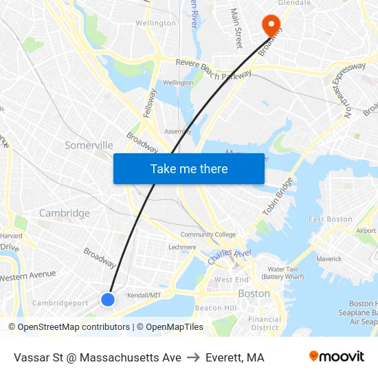Vassar St @ Massachusetts Ave to Everett, MA map
