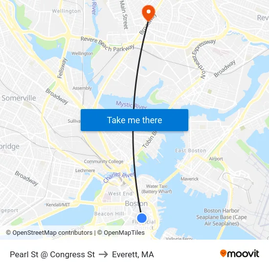 Pearl St @ Congress St to Everett, MA map