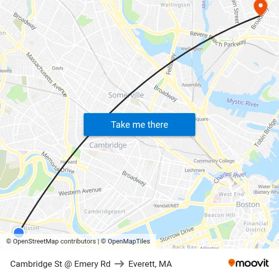 Cambridge St @ Emery Rd to Everett, MA map