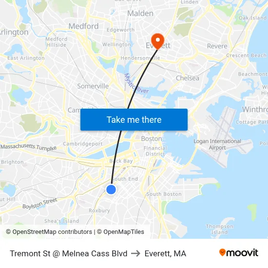 Tremont St @ Melnea Cass Blvd to Everett, MA map