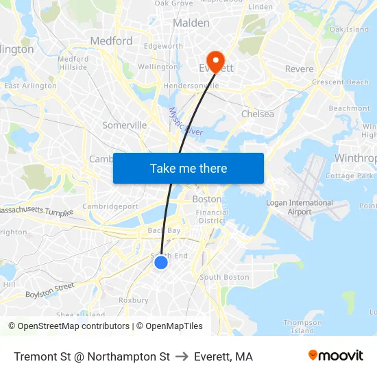 Tremont St @ Northampton St to Everett, MA map