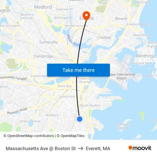 Massachusetts Ave @ Boston St to Everett, MA map