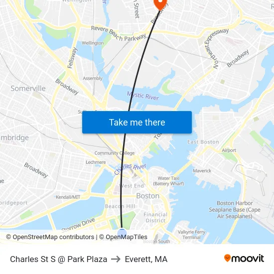 Charles St S @ Park Plaza to Everett, MA map