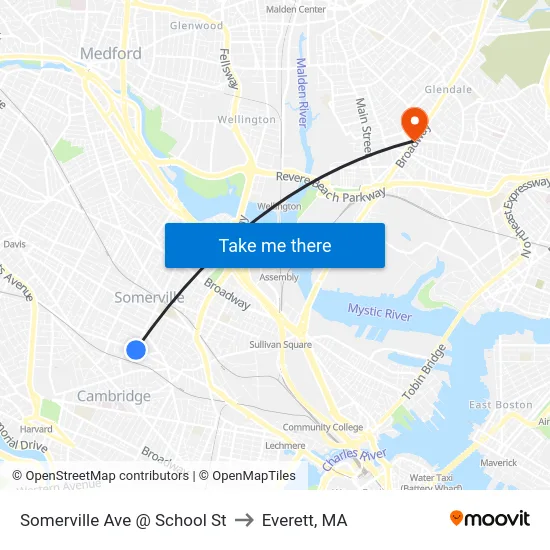 Somerville Ave @ School St to Everett, MA map
