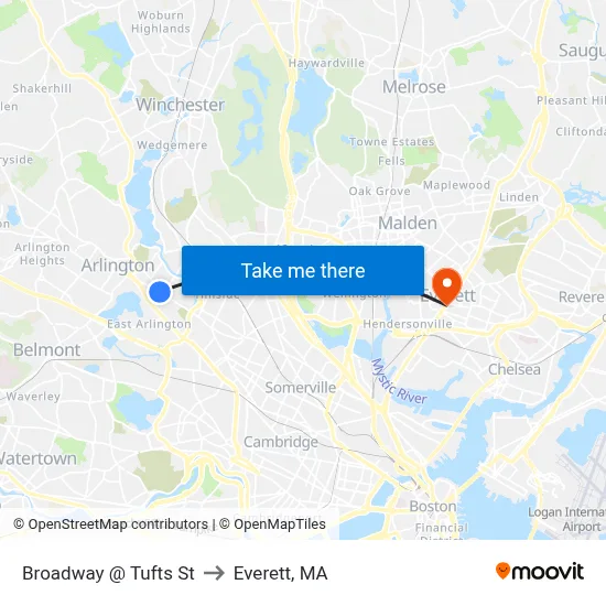 Broadway @ Tufts St to Everett, MA map