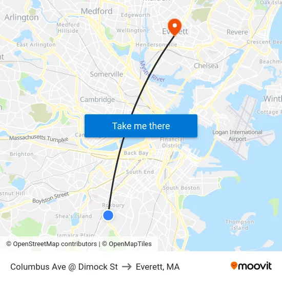 Columbus Ave @ Dimock St to Everett, MA map