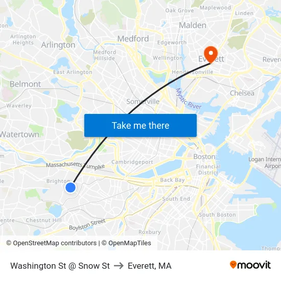 Washington St @ Snow St to Everett, MA map