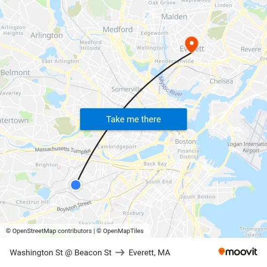 Washington St @ Beacon St to Everett, MA map