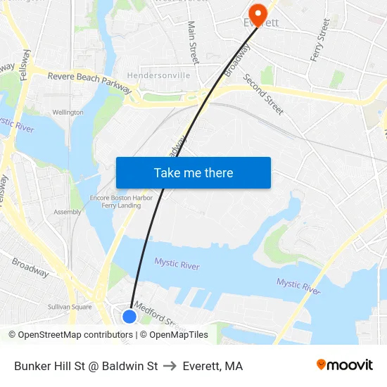 Bunker Hill St @ Baldwin St to Everett, MA map