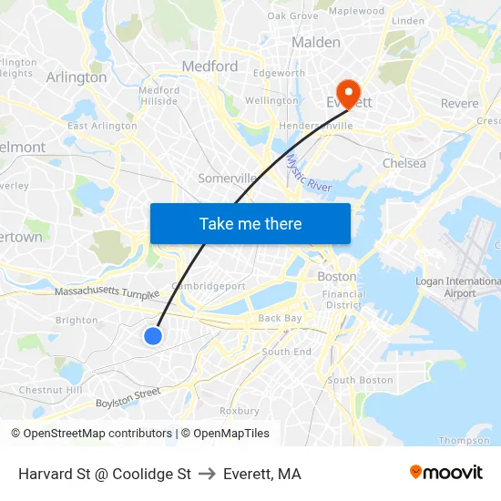 Harvard St @ Coolidge St to Everett, MA map
