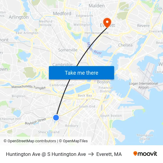 Huntington Ave @ S Huntington Ave to Everett, MA map