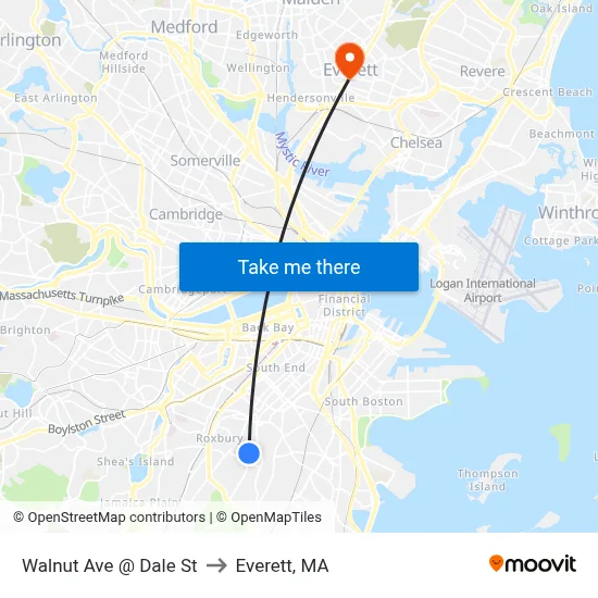 Walnut Ave @ Dale St to Everett, MA map