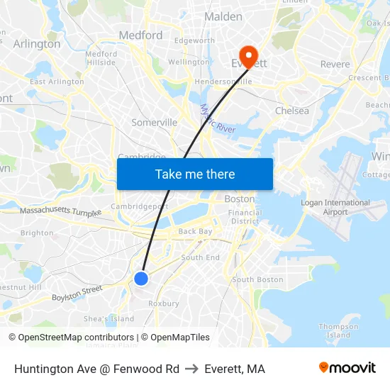 Huntington Ave @ Fenwood Rd to Everett, MA map