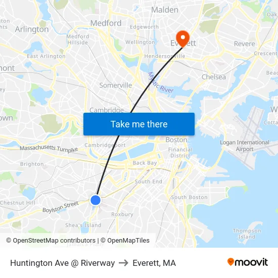 Huntington Ave @ Riverway to Everett, MA map