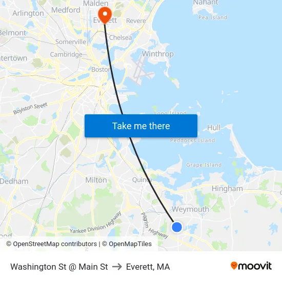 Washington St @ Main St to Everett, MA map