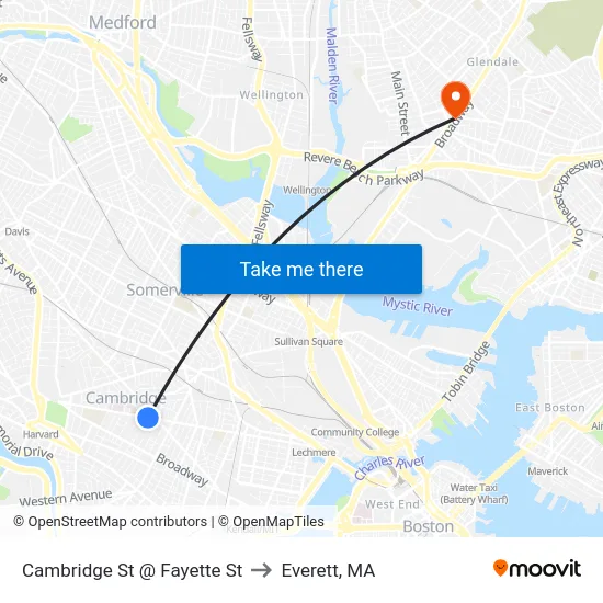 Cambridge St @ Fayette St to Everett, MA map