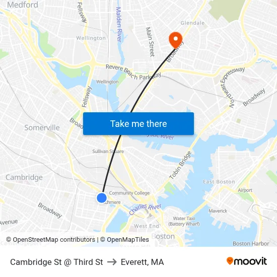 Cambridge St @ Third St to Everett, MA map