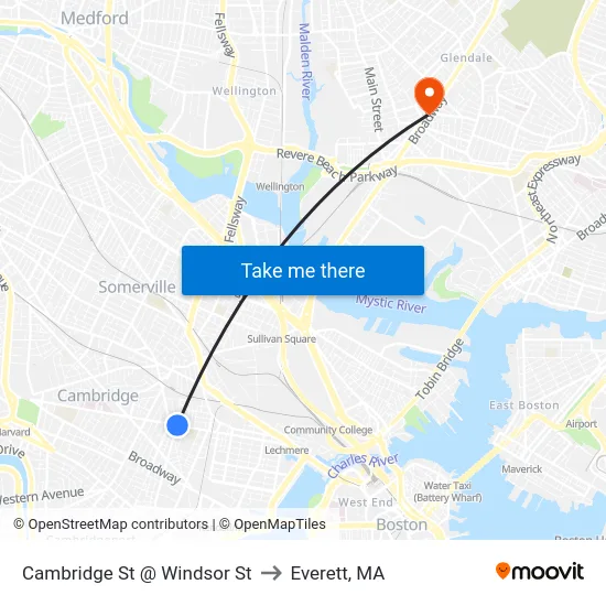 Cambridge St @ Windsor St to Everett, MA map
