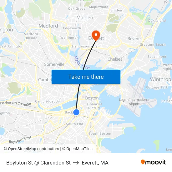 Boylston St @ Clarendon St to Everett, MA map