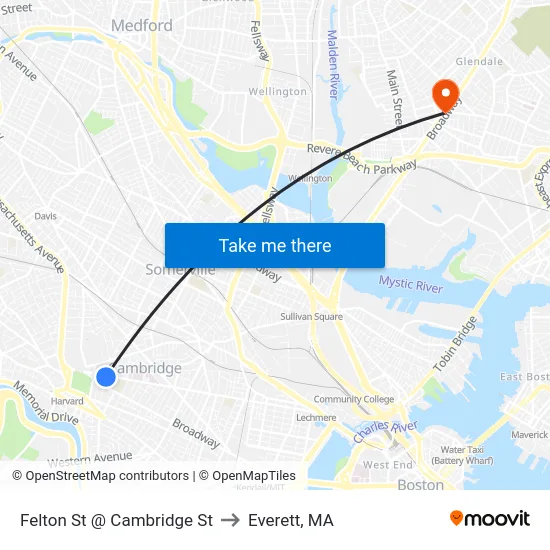 Felton St @ Cambridge St to Everett, MA map