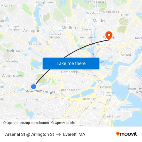 Arsenal St @ Arlington St to Everett, MA map